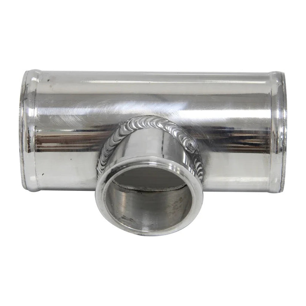 2.75 in aluminum BOV T-pipe in polished silver, front view of the 50mm V-band flange branch