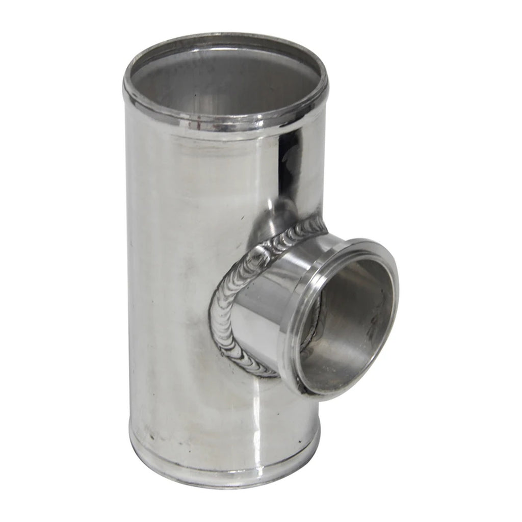2.75 in aluminum BOV T-pipe in polished silver, upright view with welded 50mm flange
