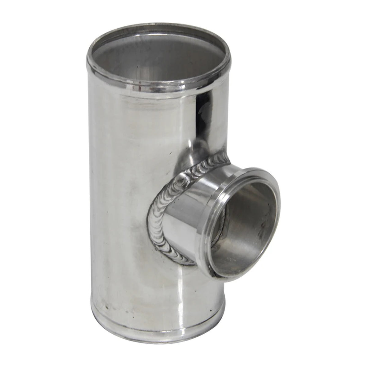 2.75 in aluminum BOV T-pipe in polished silver, upright view with welded 50mm flange