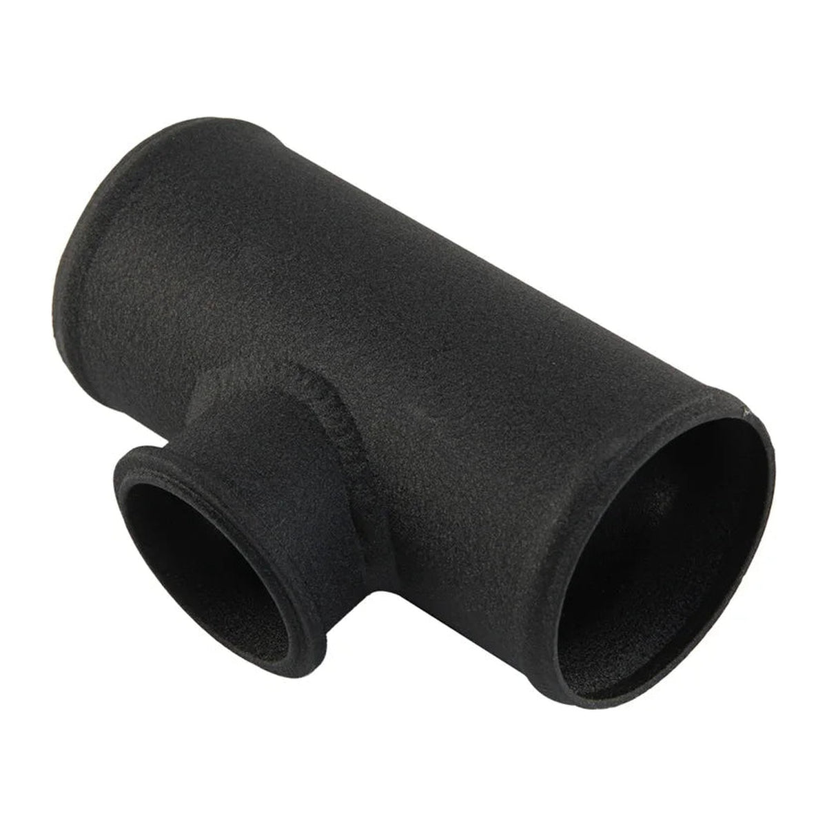 2.75 in aluminum BOV T-pipe in textured black, angled view