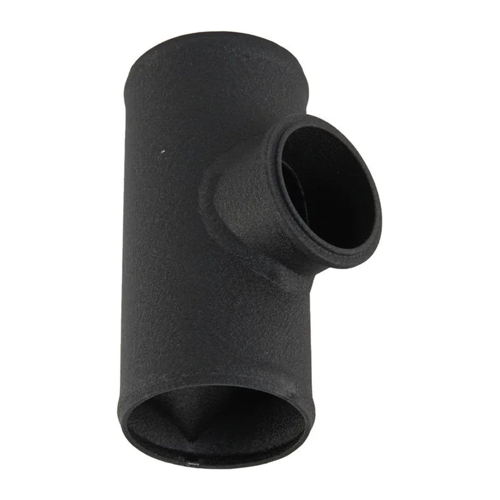 2.75 in aluminum BOV T-pipe in textured black, upright view of the 50mm flange branch
