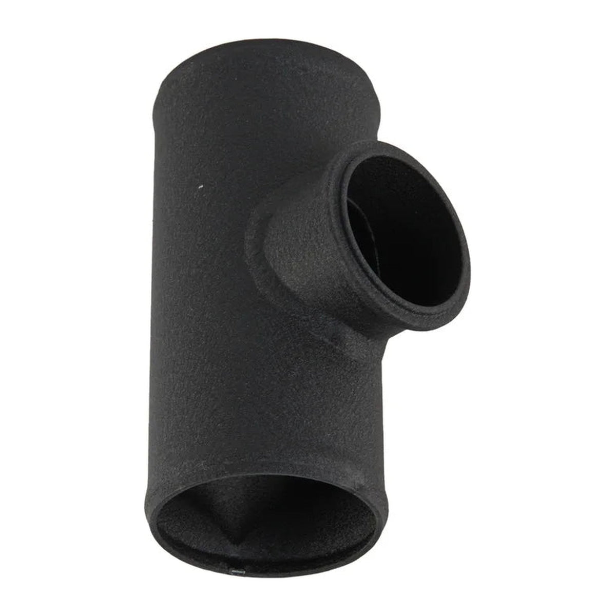 2.75 in aluminum BOV T-pipe in textured black, upright view of the 50mm flange branch