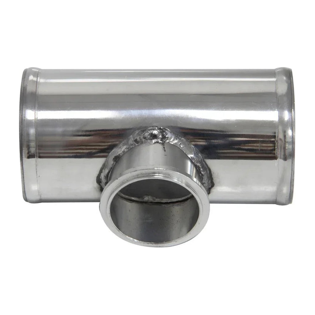 3.0 in aluminum BOV T-pipe in polished silver, front view of the 50mm V-band flange branch