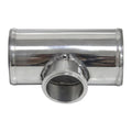 3.0 in aluminum BOV T-pipe in polished silver, front view of the 50mm V-band flange branch