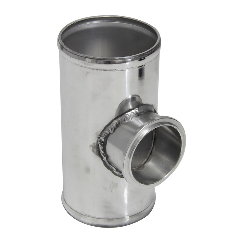 3.0 in aluminum BOV T-pipe in polished silver, upright view with welded 50mm flange