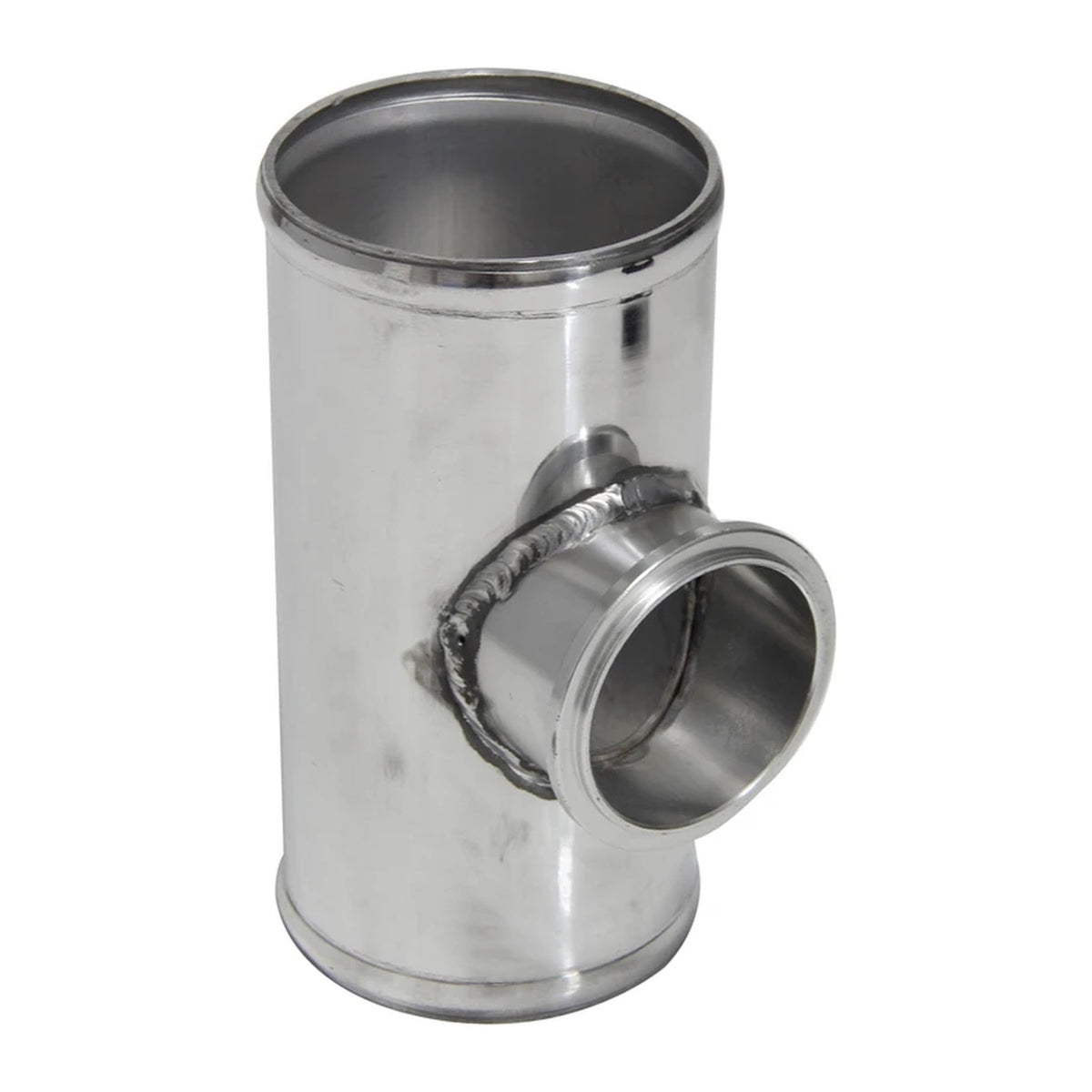 3.0 in aluminum BOV T-pipe in polished silver, upright view with welded 50mm flange