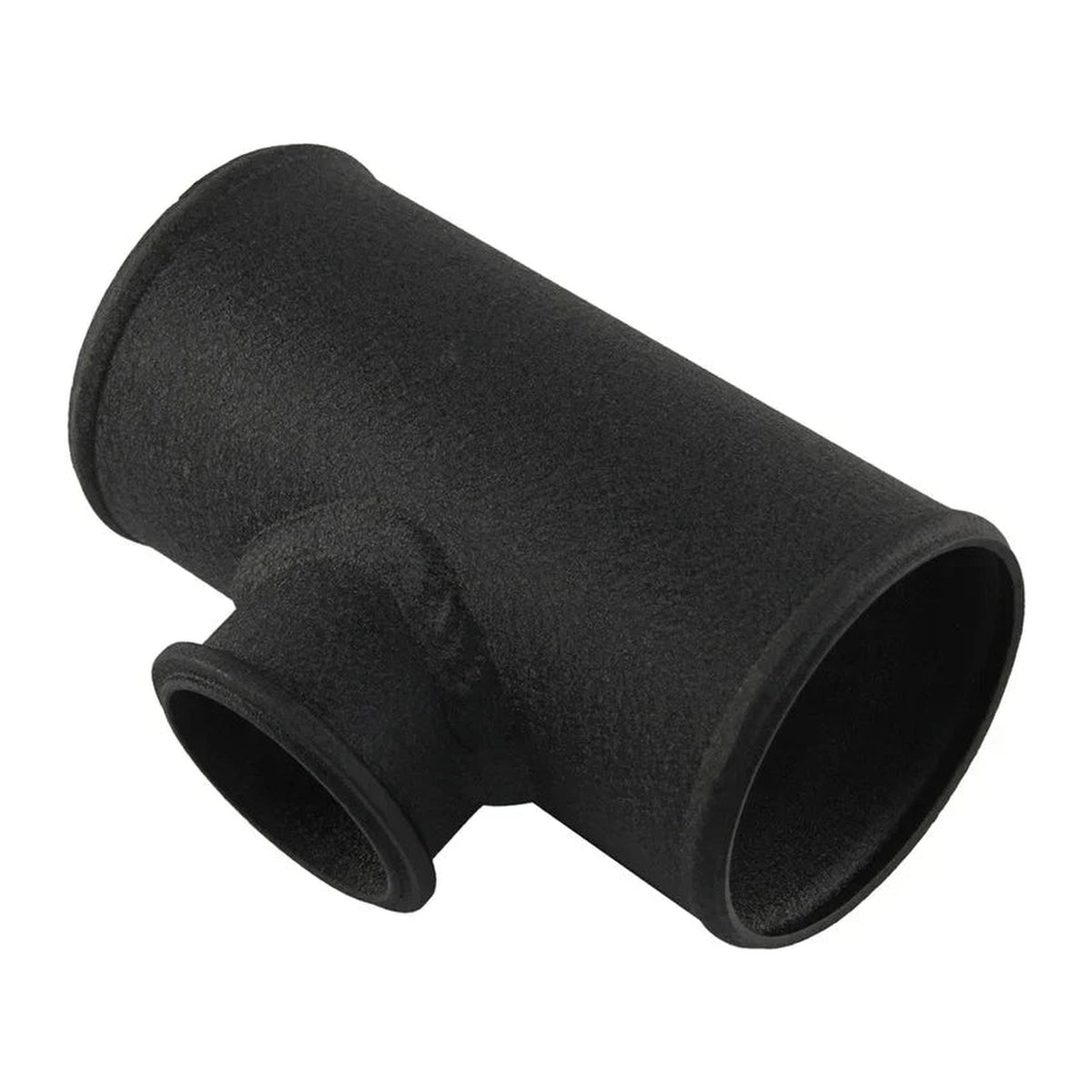 3.0 in aluminum BOV T-pipe in textured black, angled view