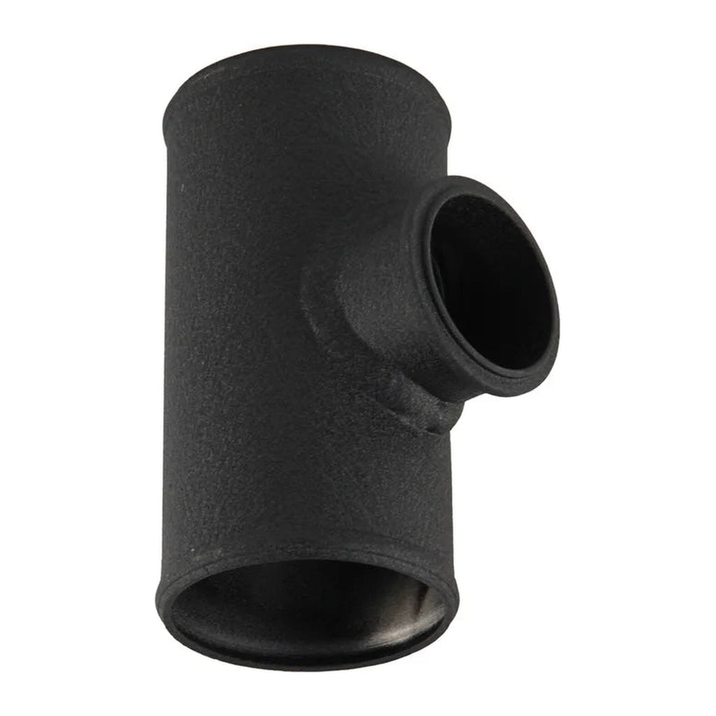 3.0 in aluminum BOV T-pipe in textured black, upright view of the 50mm flange branch
