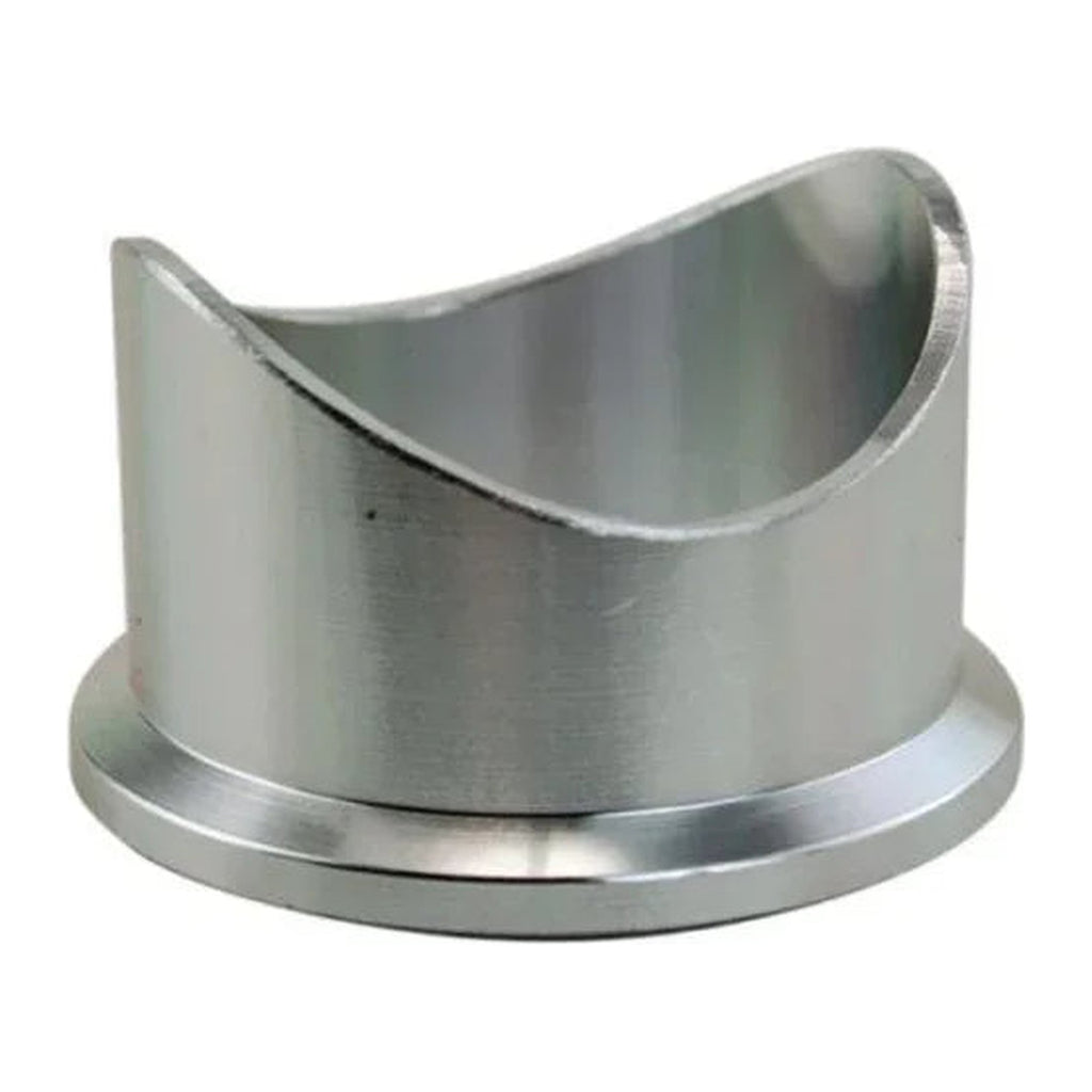 Universal 50mm aluminum weld-on blow-off valve flange, front view showing the saddle-cut base