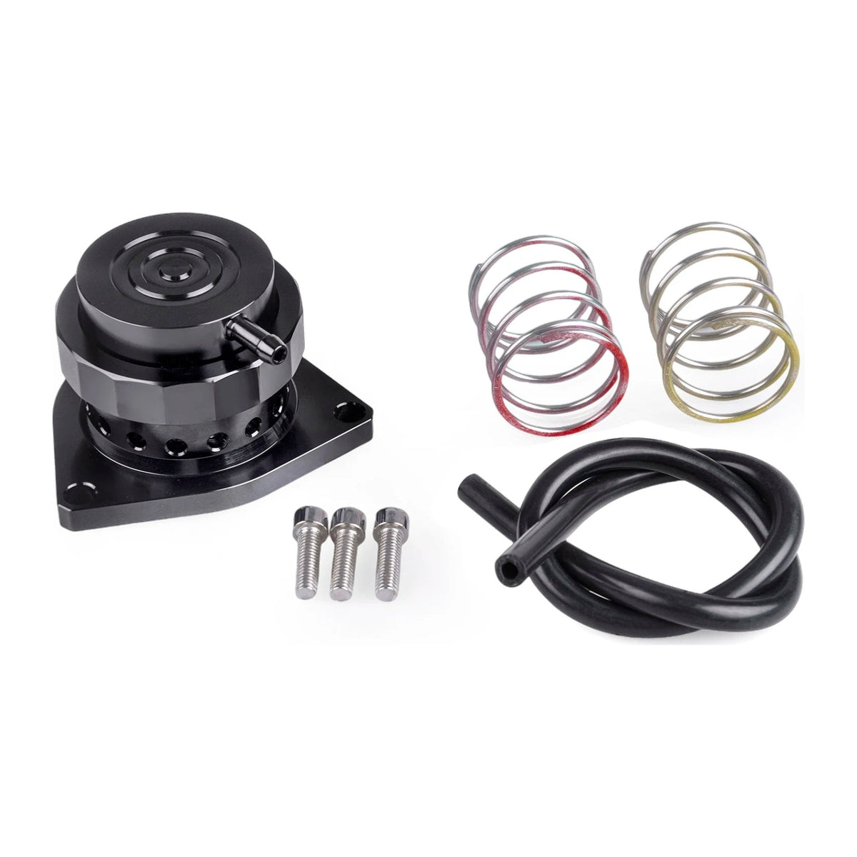 Honda Civic 1.5T blow-off valve kit contents: valve, two springs, three bolts and vacuum hose