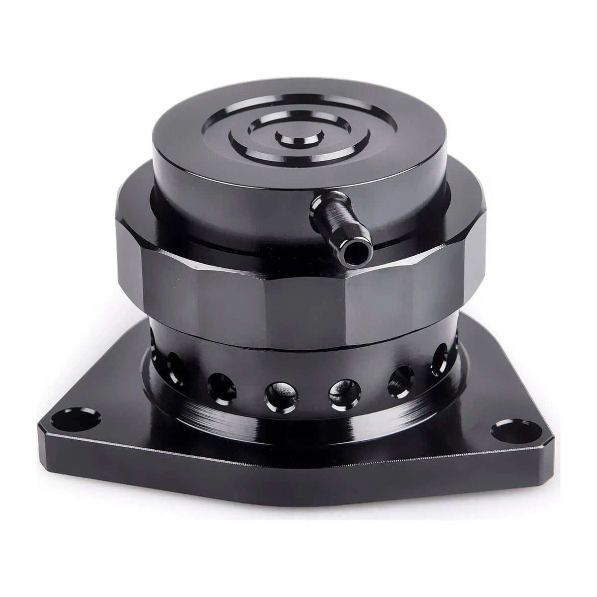 Black aluminum Civic 1.5T blow-off valve, front view with vacuum nipple