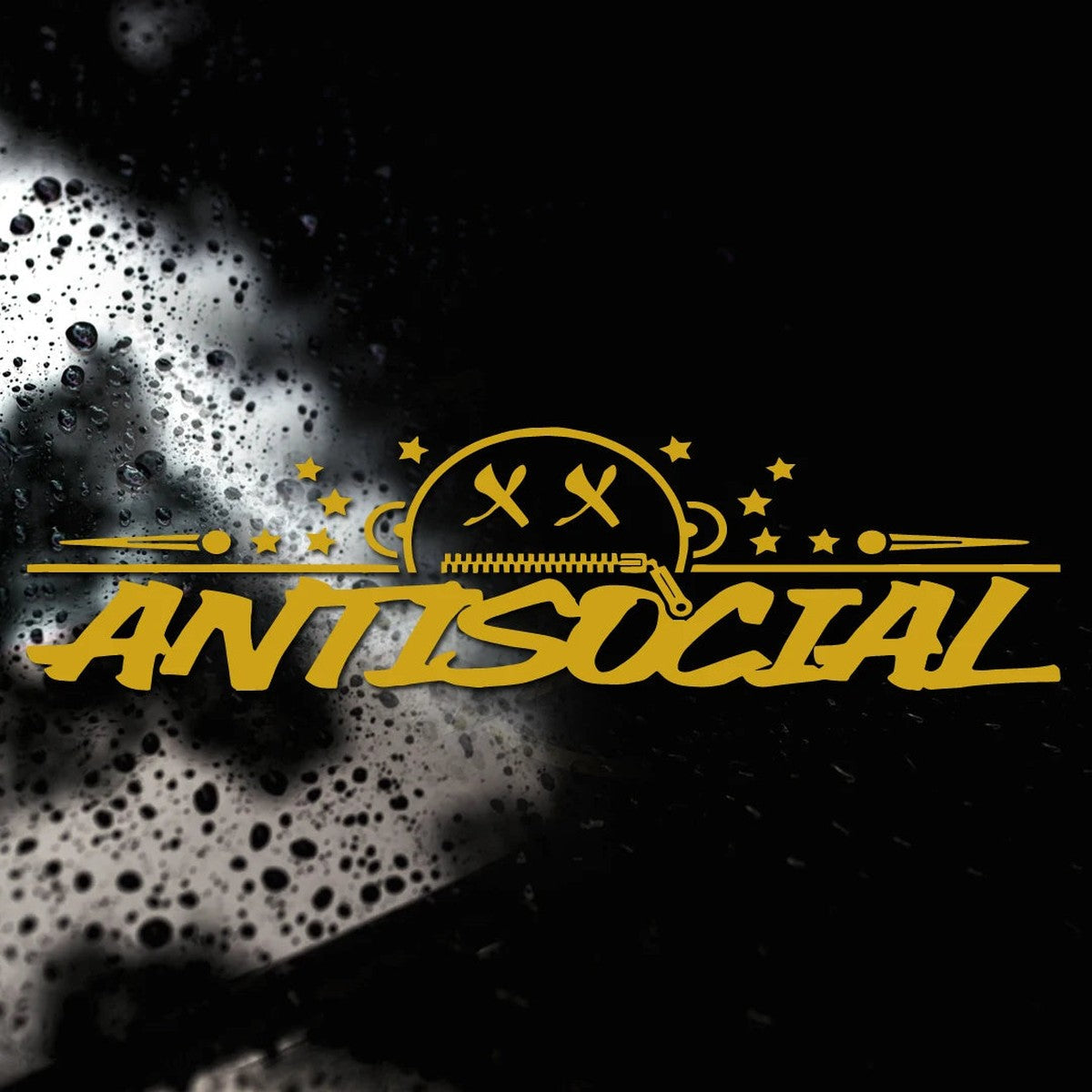 Gold Antisocial JDM banner decal on a dark background