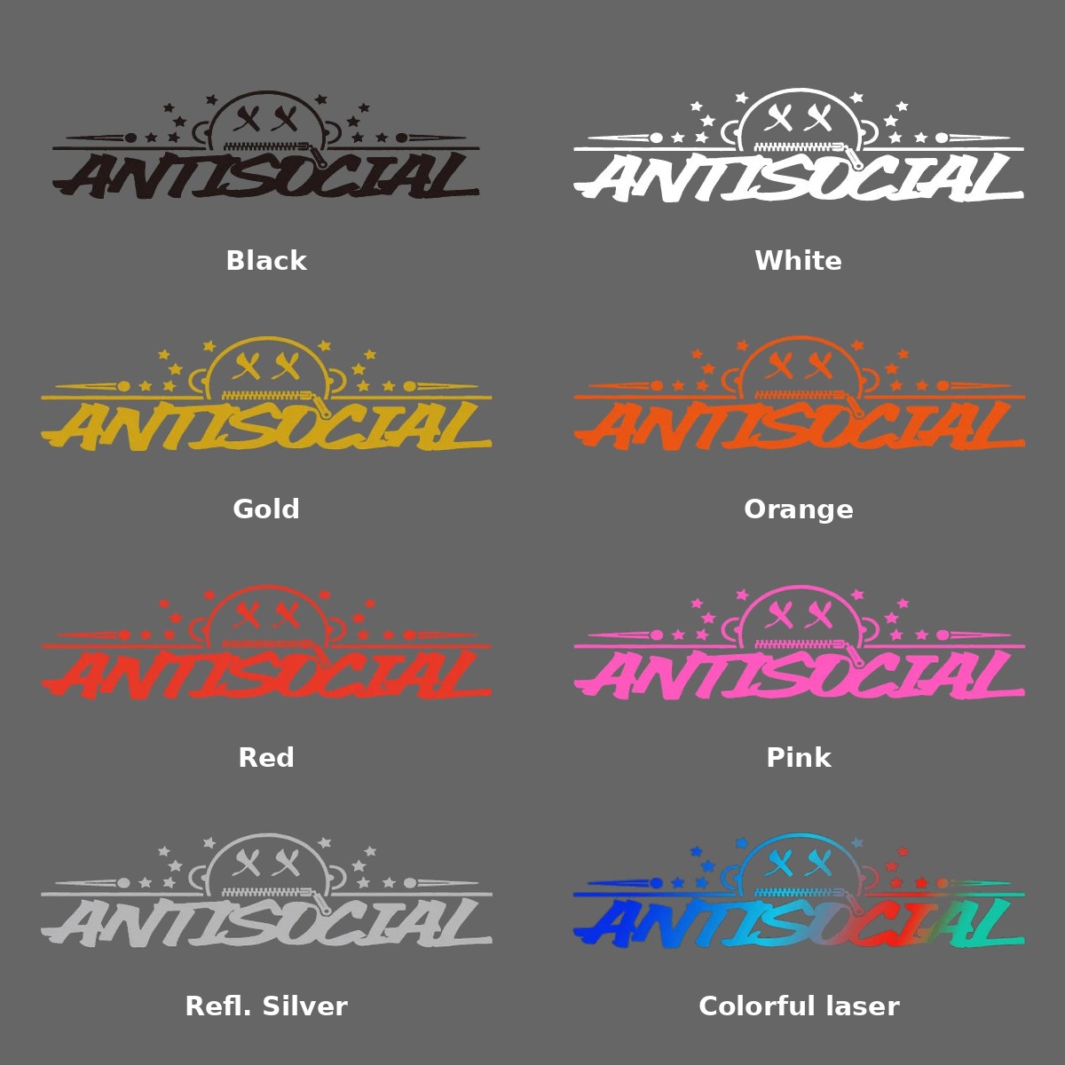 Antisocial banner decal color chart: black, white, gold, orange, red, pink, reflective silver and laser