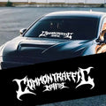 Common Traffic Mafia windshield banner decal in white on a black muscle car