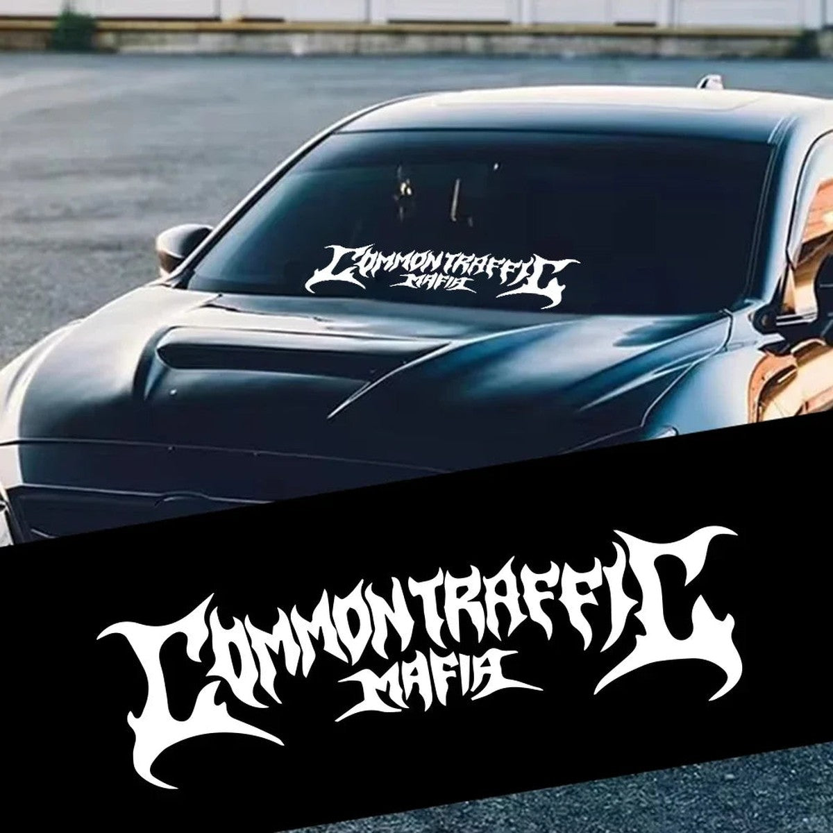 Common Traffic Mafia windshield banner decal in white on a black muscle car