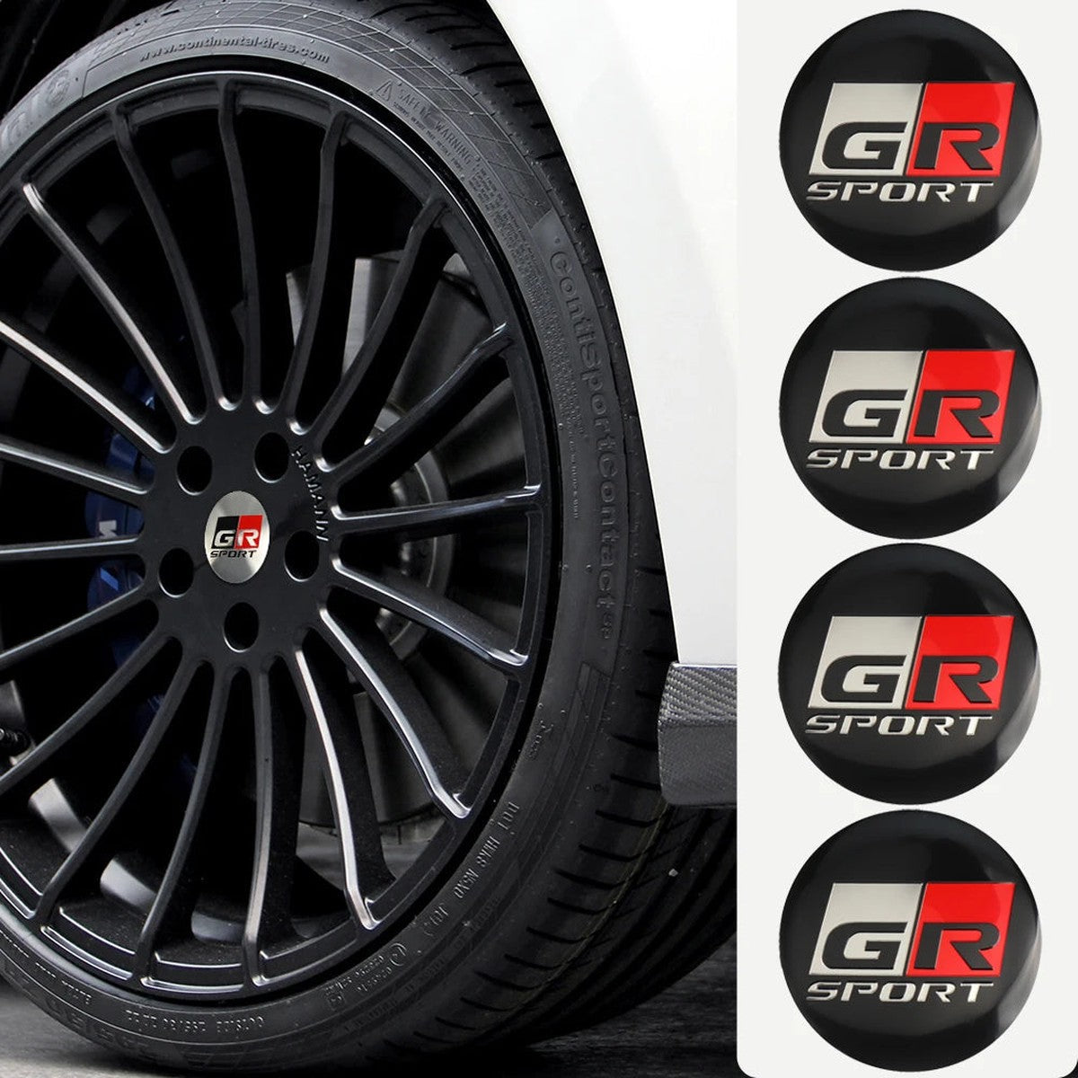 GR Sport-style wheel center cap sticker on a black Toyota wheel, with four black stickers