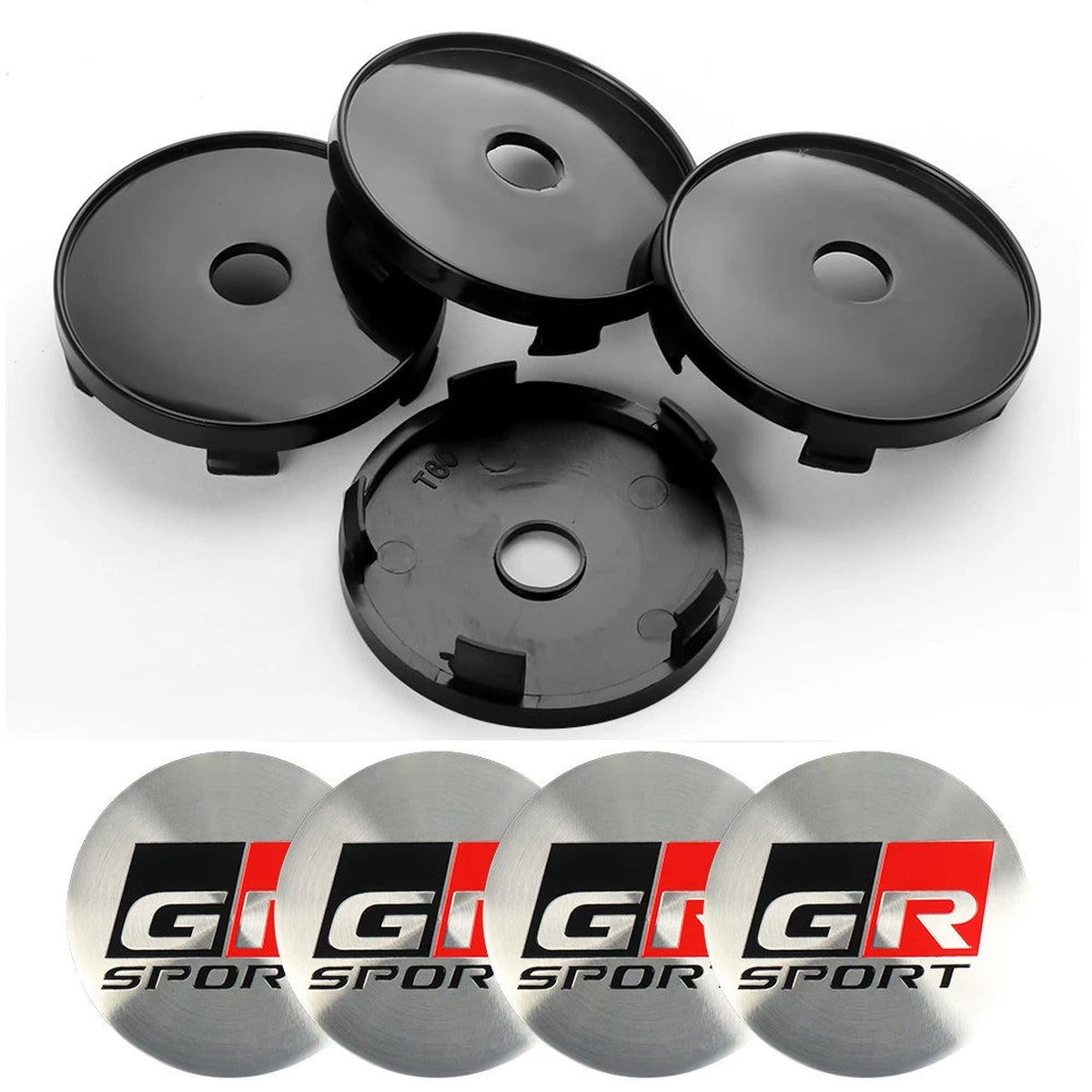 Four black 60 mm center caps with silver GR Sport-style stickers
