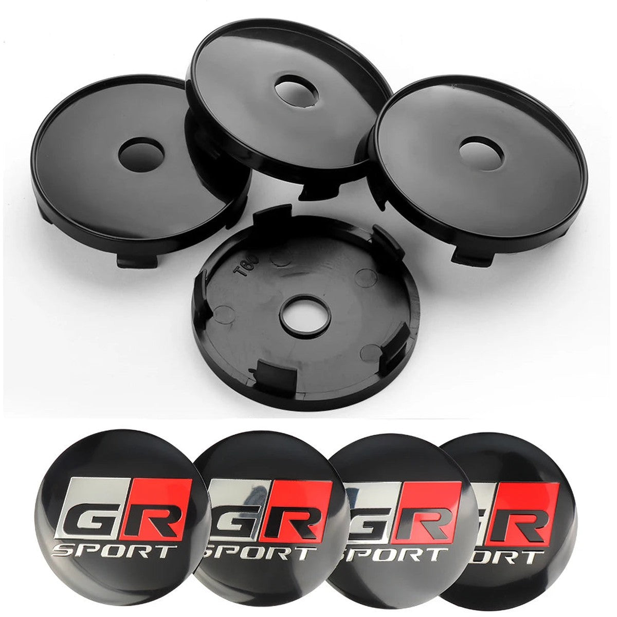 Four black 60 mm center caps with black GR Sport-style stickers
