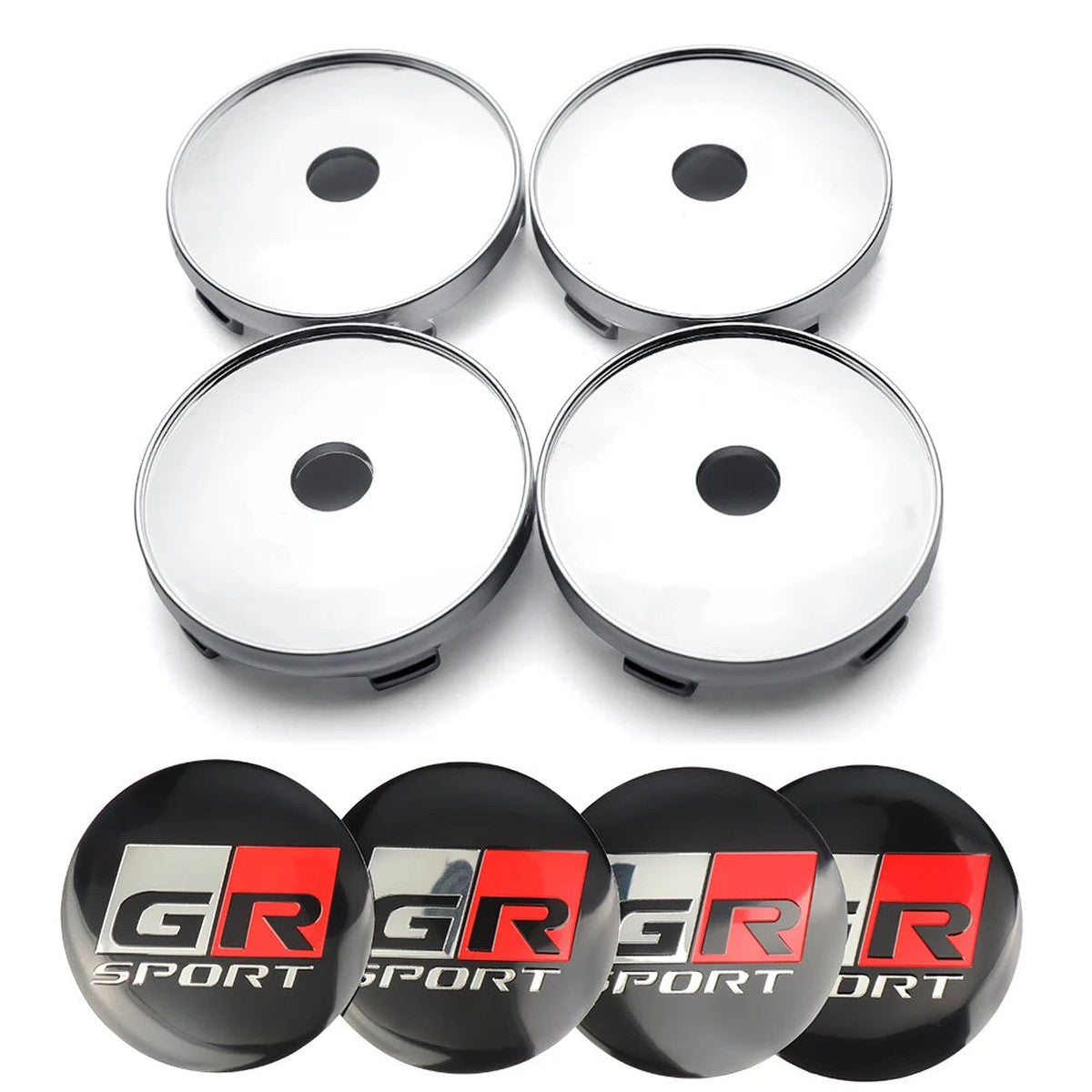 Four silver 60 mm center caps with black GR Sport-style stickers