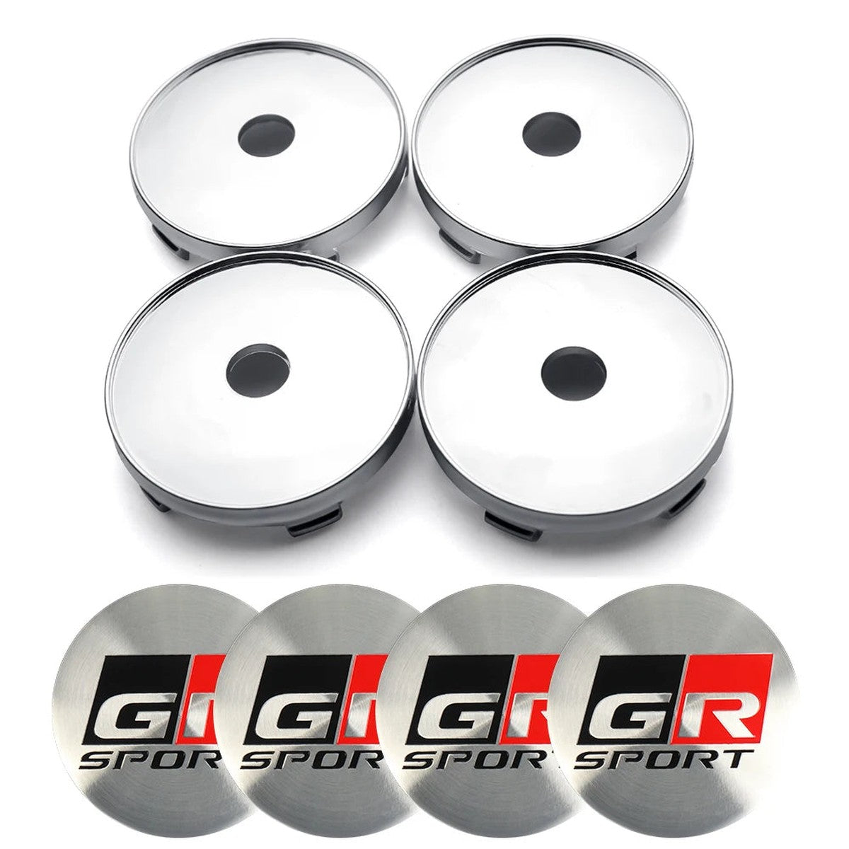 Four silver 60 mm center caps with silver GR Sport-style stickers