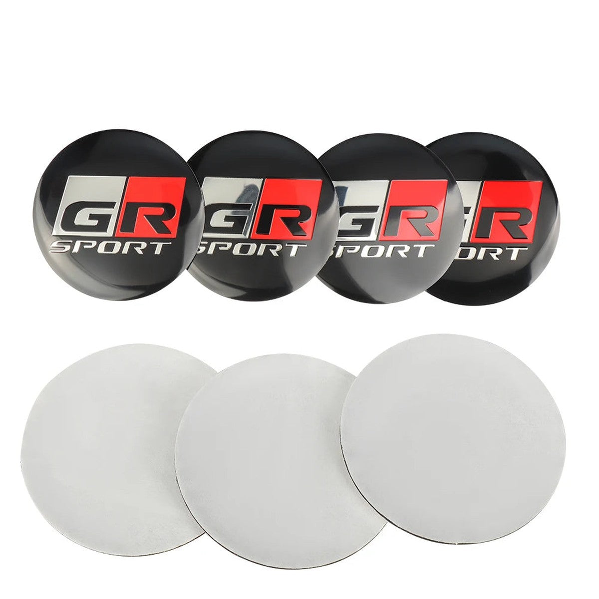 Four black 56 mm GR Sport-style center cap stickers with adhesive backs
