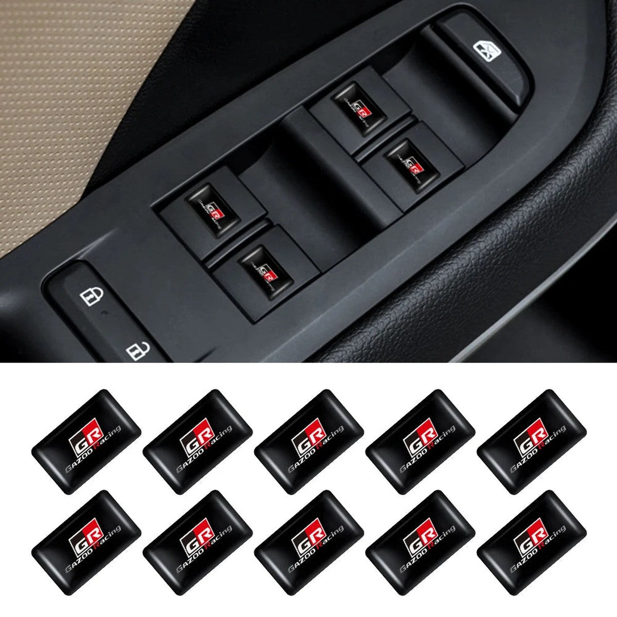GR-style epoxy badges on Toyota window switches, plus a set of 10
