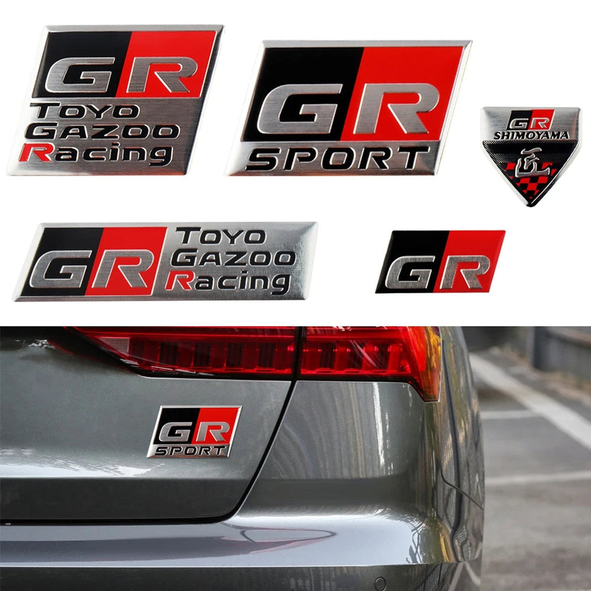 GR-style aluminum trunk badges: Toyo Gazoo Racing, GR Sport, Shimoyama and GR designs