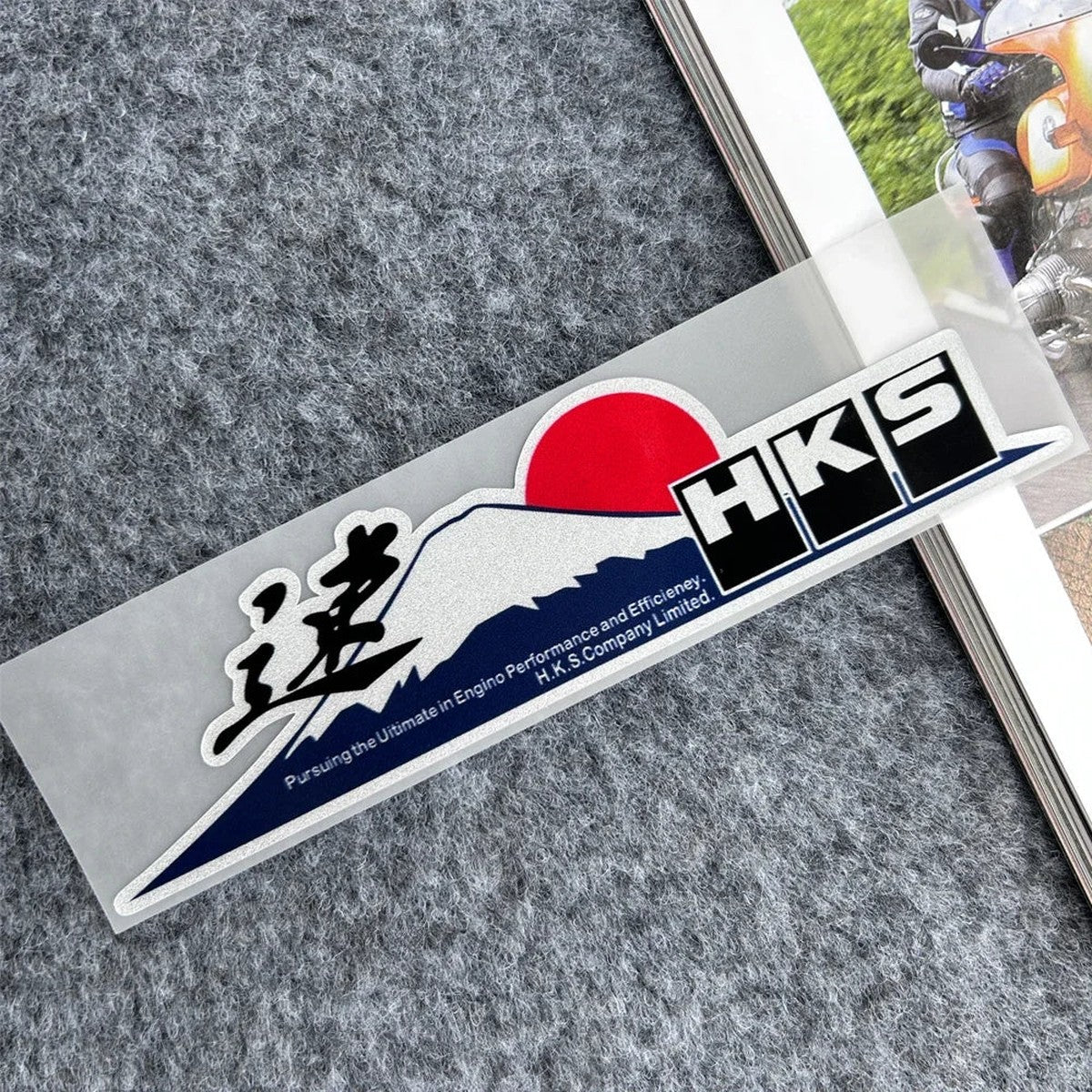 HKS-style Mt. Fuji reflective sticker with red rising sun, design A