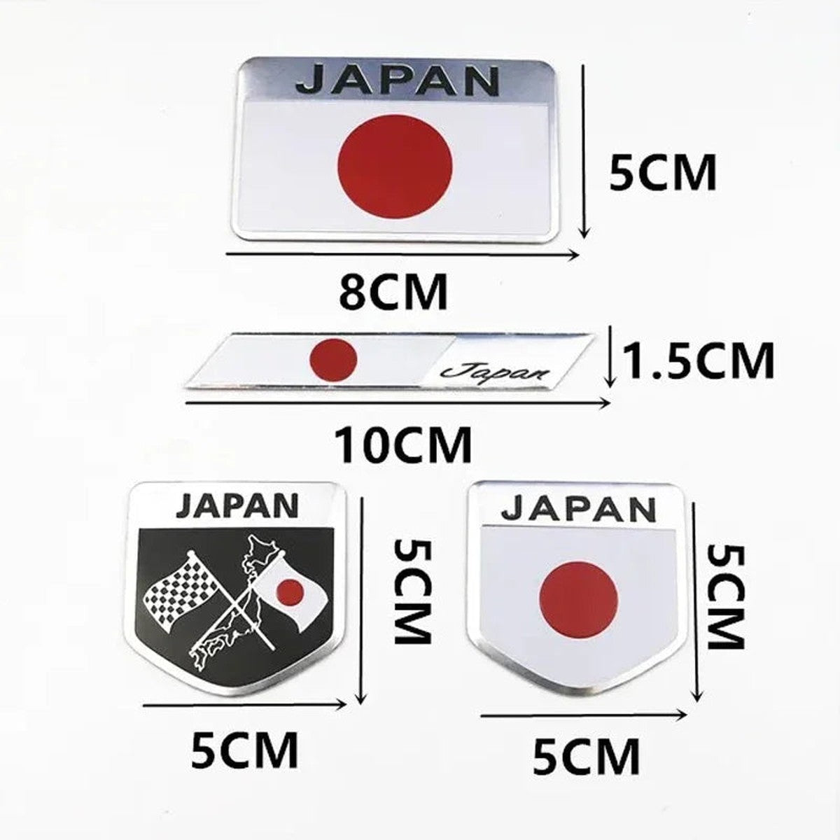 Japan flag emblem sizes: 8 x 5 cm, 10 x 1.5 cm and 5 x 5 cm shields