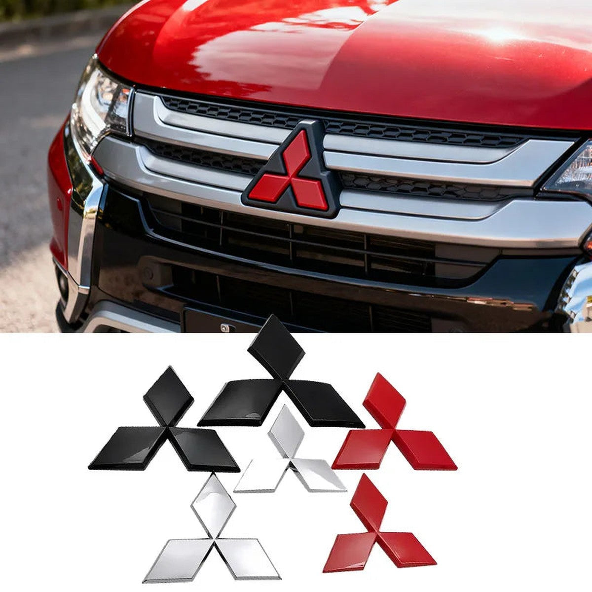 Red three-diamond ABS emblem on a Mitsubishi Outlander grille, with black, red and silver versions