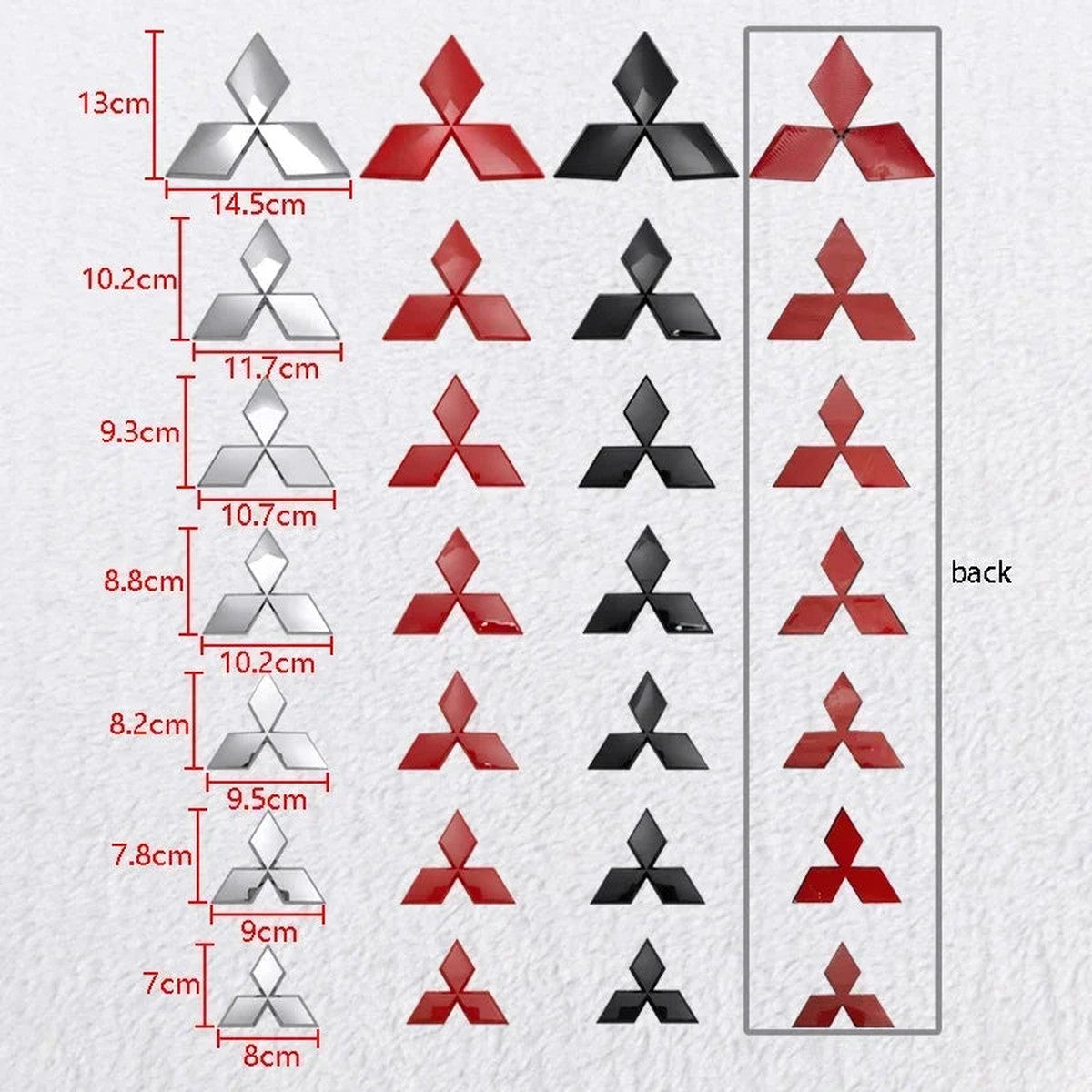 Three-diamond emblem size chart from 8 x 7 cm to 14.5 x 13 cm in silver, red and black