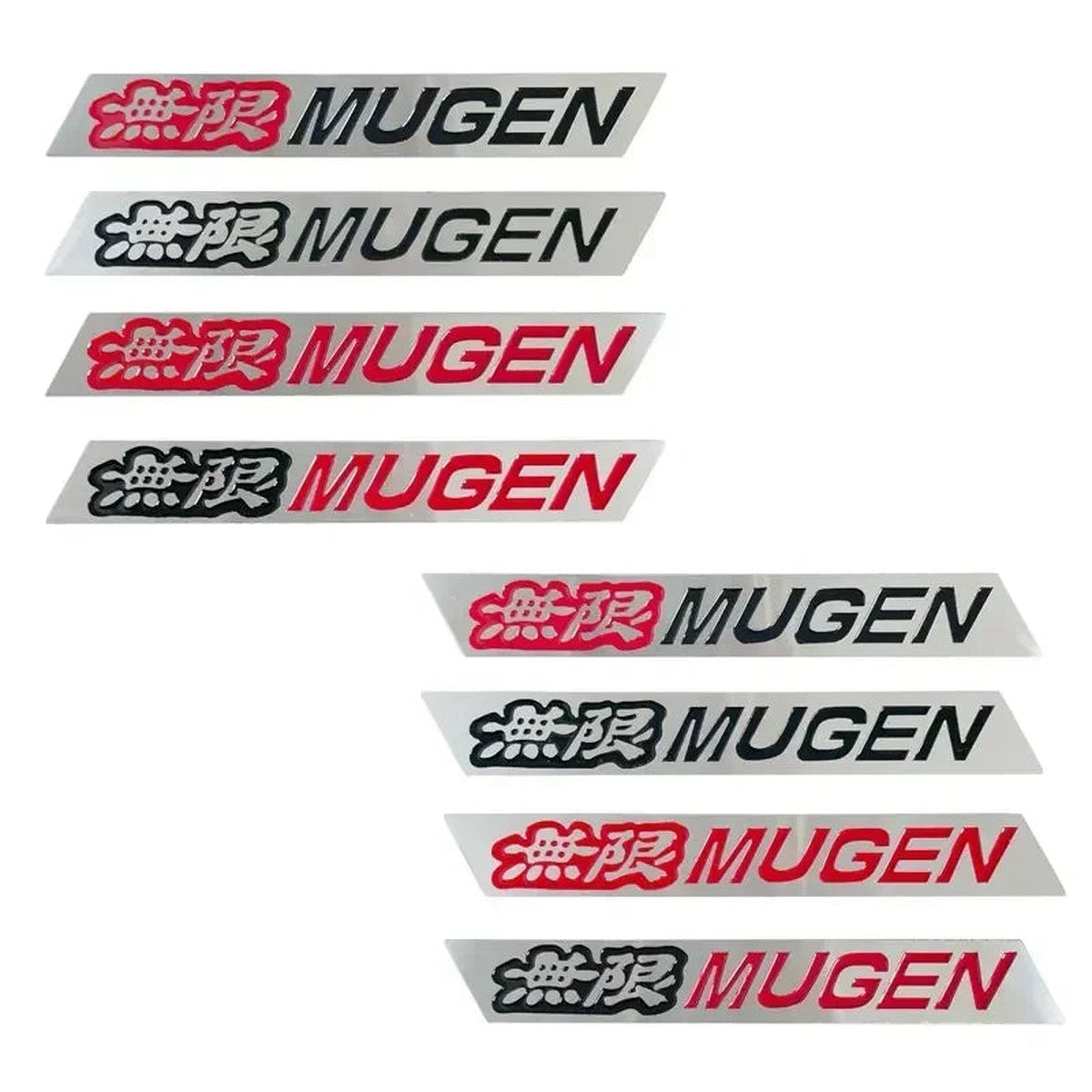 Eight Mugen-style aluminum emblem badges in red and black print variations