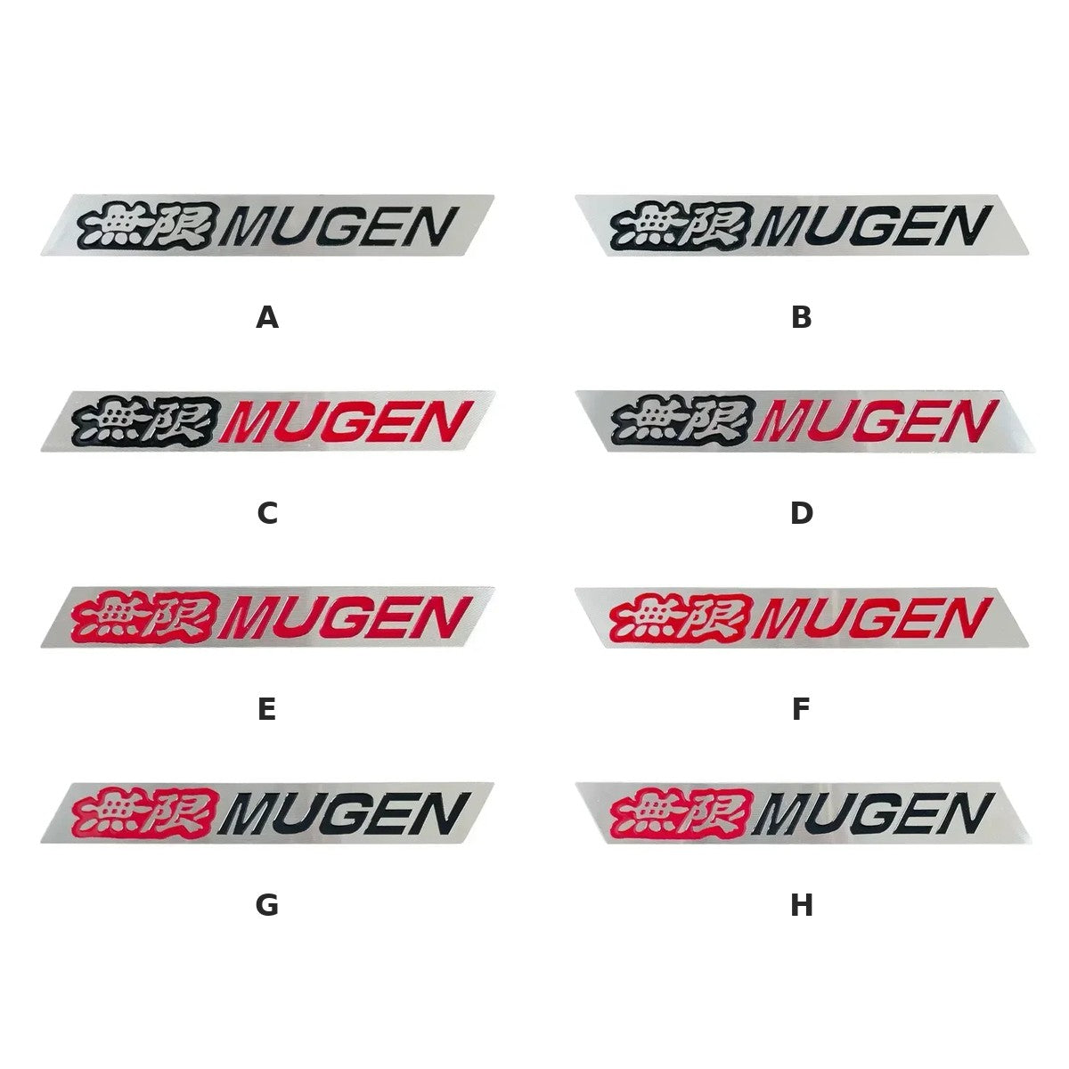 Mugen-style aluminum badge style chart, styles A to H