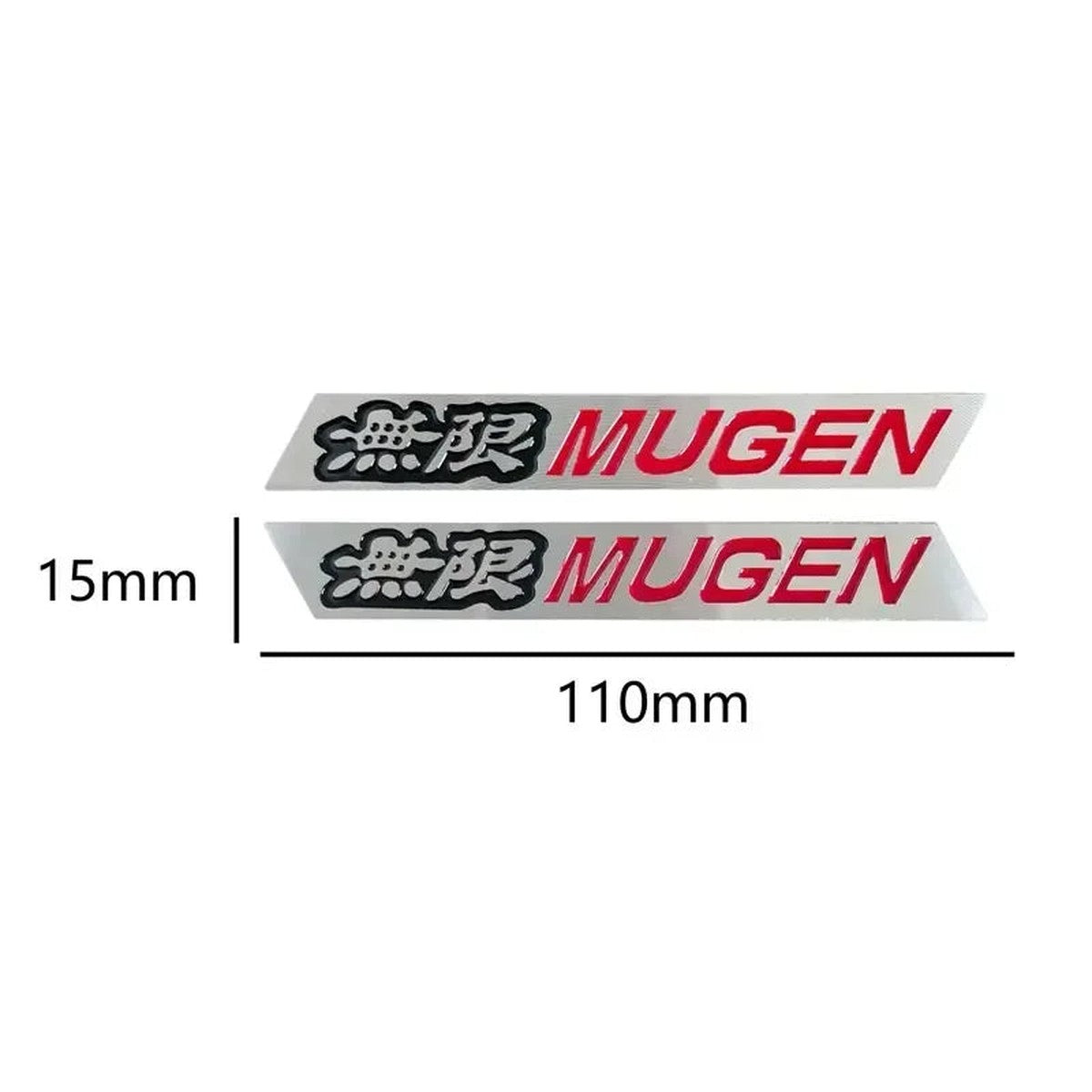 Mugen-style aluminum badge size: 110 x 15 mm