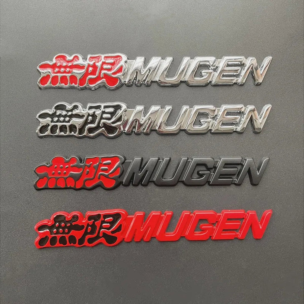 Four Mugen-style 3D metal letter emblems in red, black and silver finishes