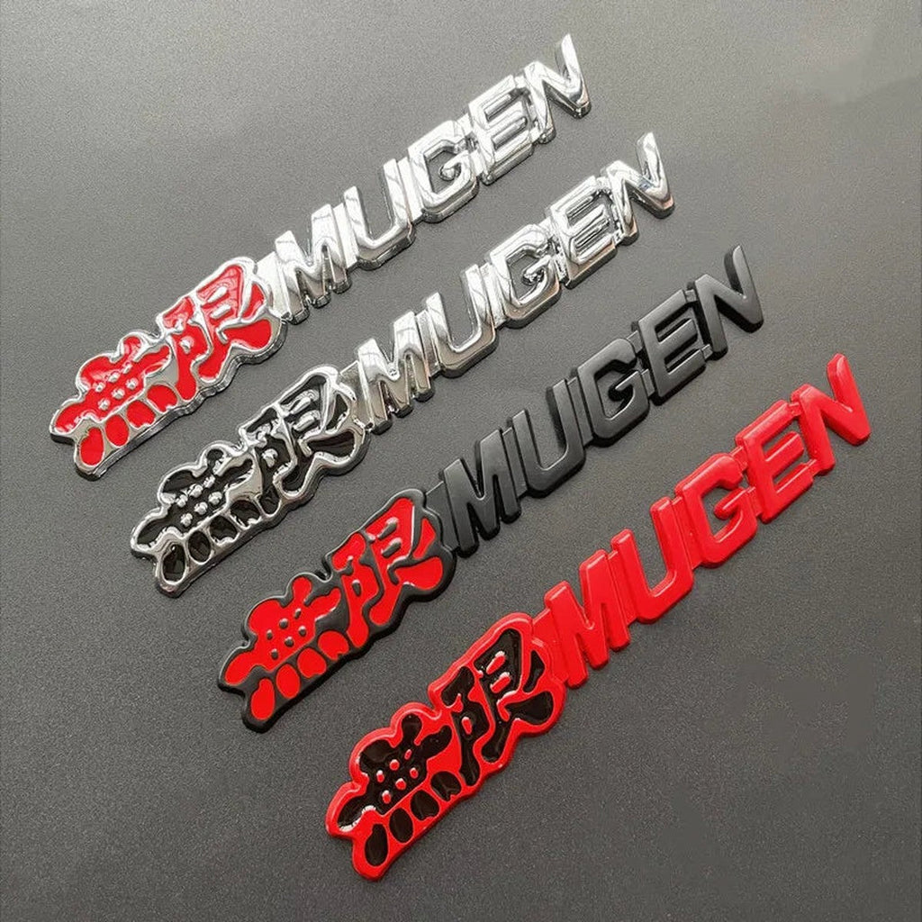 Mugen-style metal trunk emblems shown at an angle