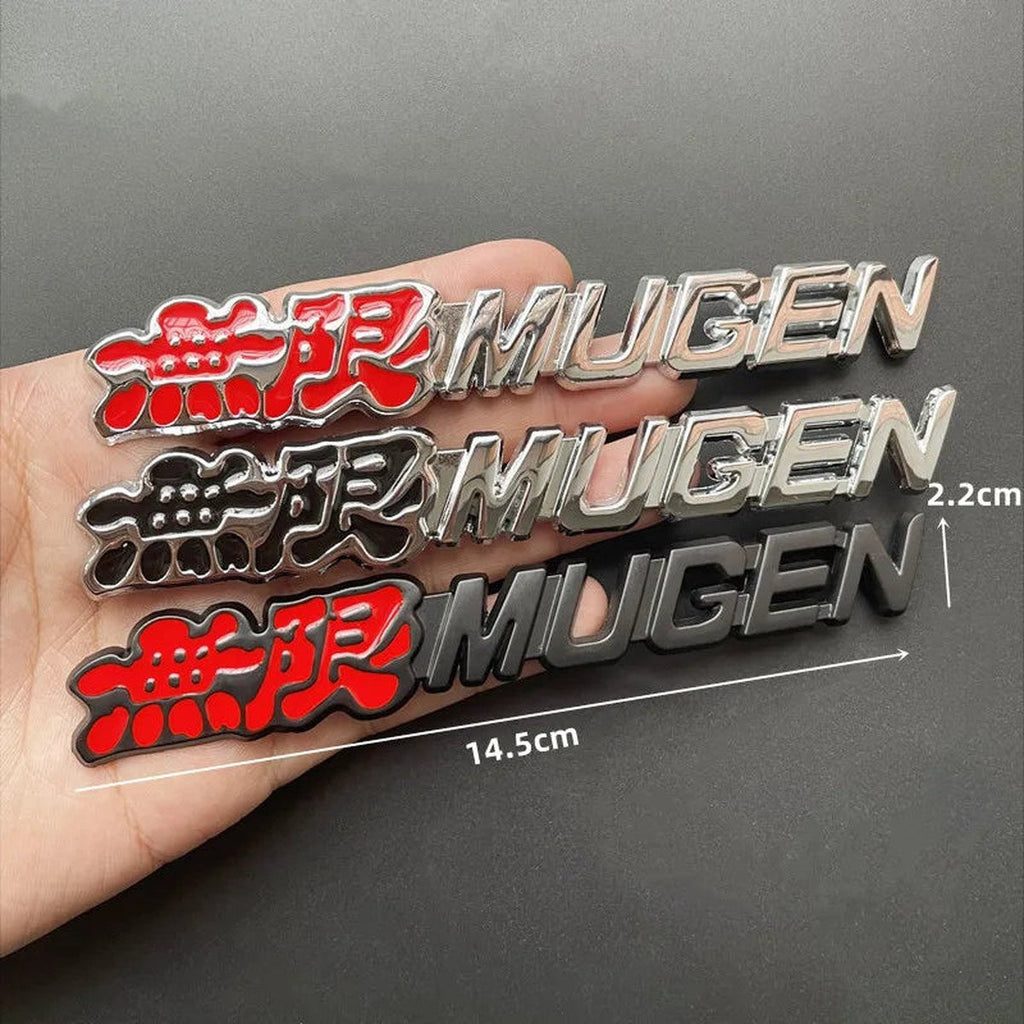 Mugen-style metal emblem held in hand, 14.5 x 2.2 cm