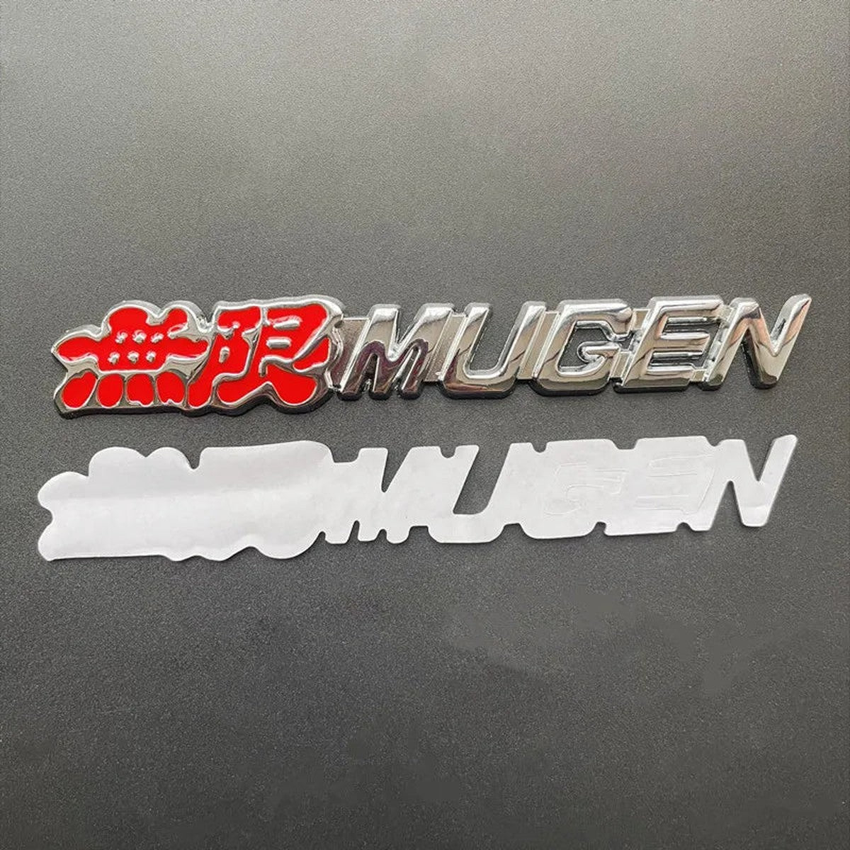 Silver Red Mugen-style metal emblem with adhesive backing