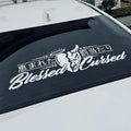 White Blessed and Cursed oni kanji banner decal on a white car rear window