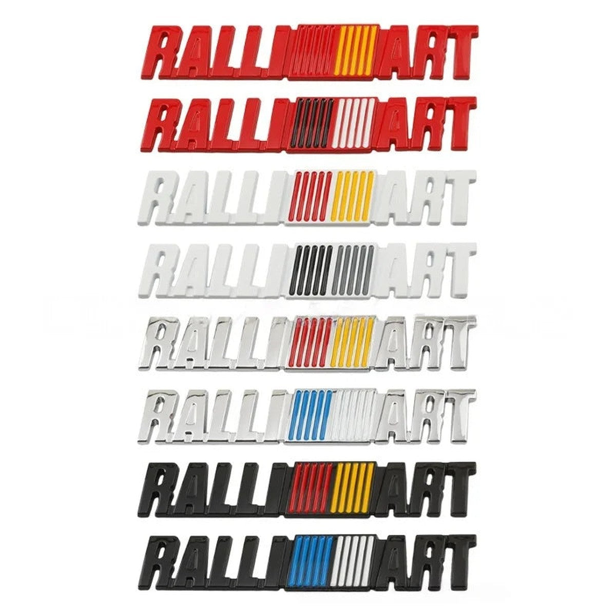 Ralliart-style metal emblem badges in red, white, chrome and black finishes