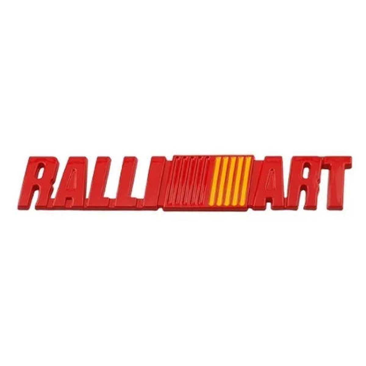 Red Ralliart-style metal badge with red and yellow stripes, style A
