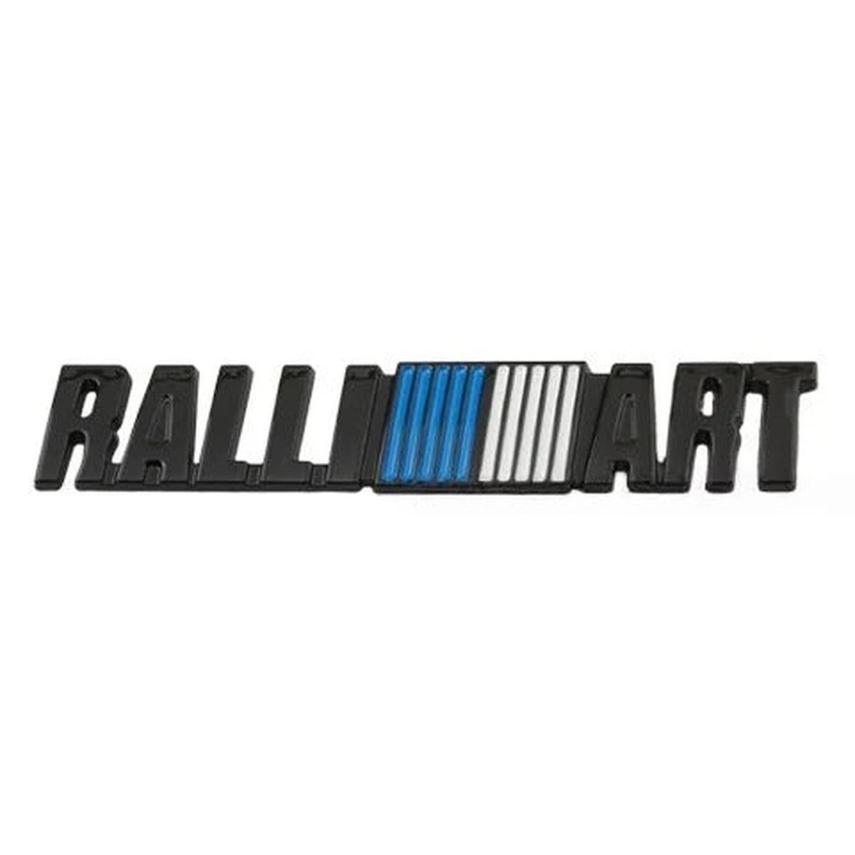 Black Ralliart-style metal badge with blue and white stripes, style K