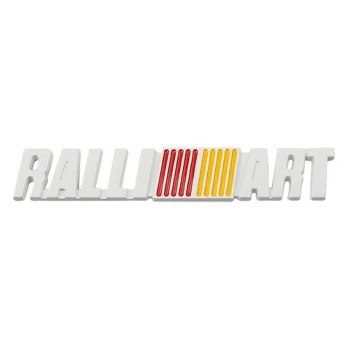 White Ralliart-style metal badge with red and yellow stripes, style J