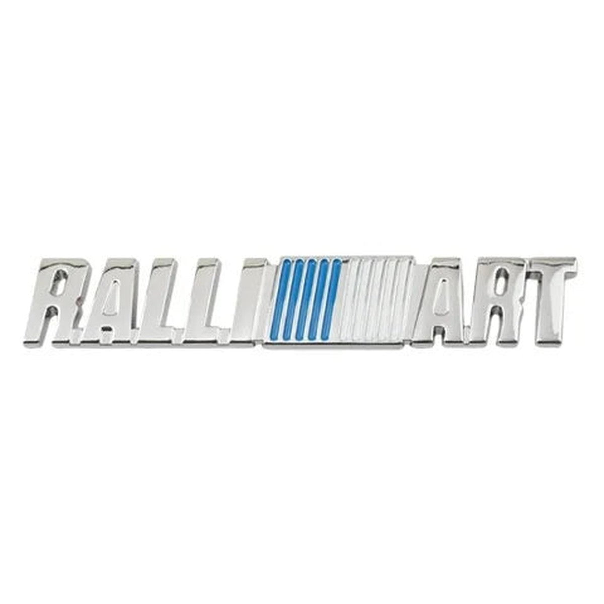 Chrome Ralliart-style metal badge with blue and white stripes, style H