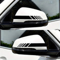 Black reflective stripe decals on a white car side mirror, two views
