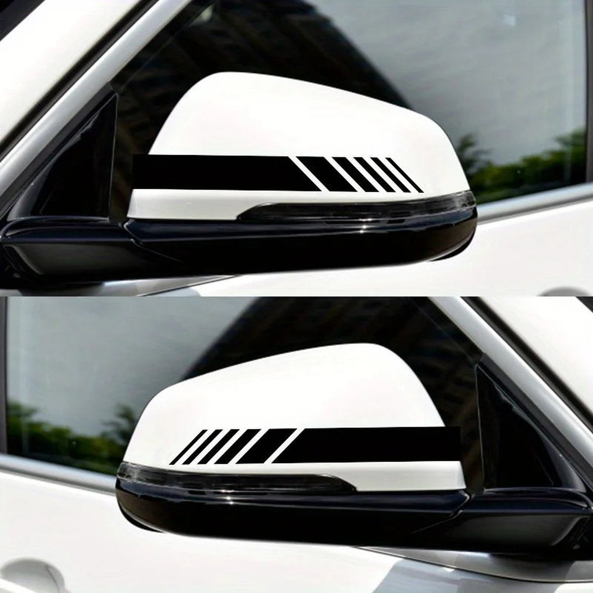 Black reflective stripe decals on a white car side mirror, two views