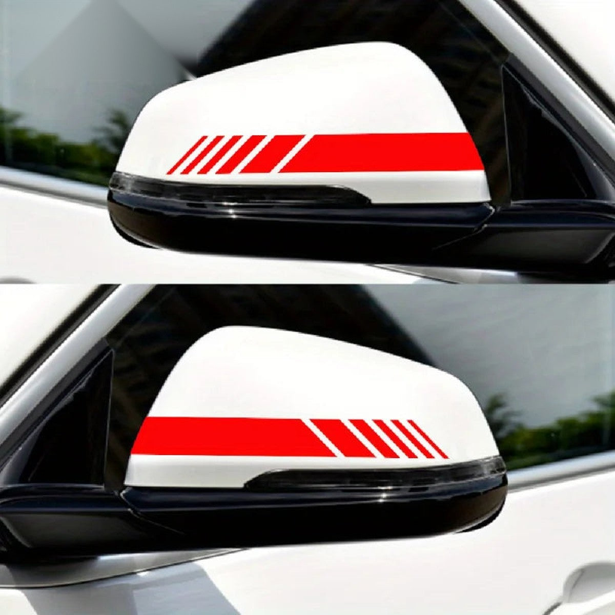 Red reflective stripe decals on a white side mirror