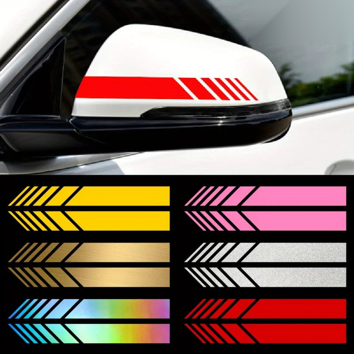 Red mirror stripe decal on a side mirror plus a chart of stripe colors
