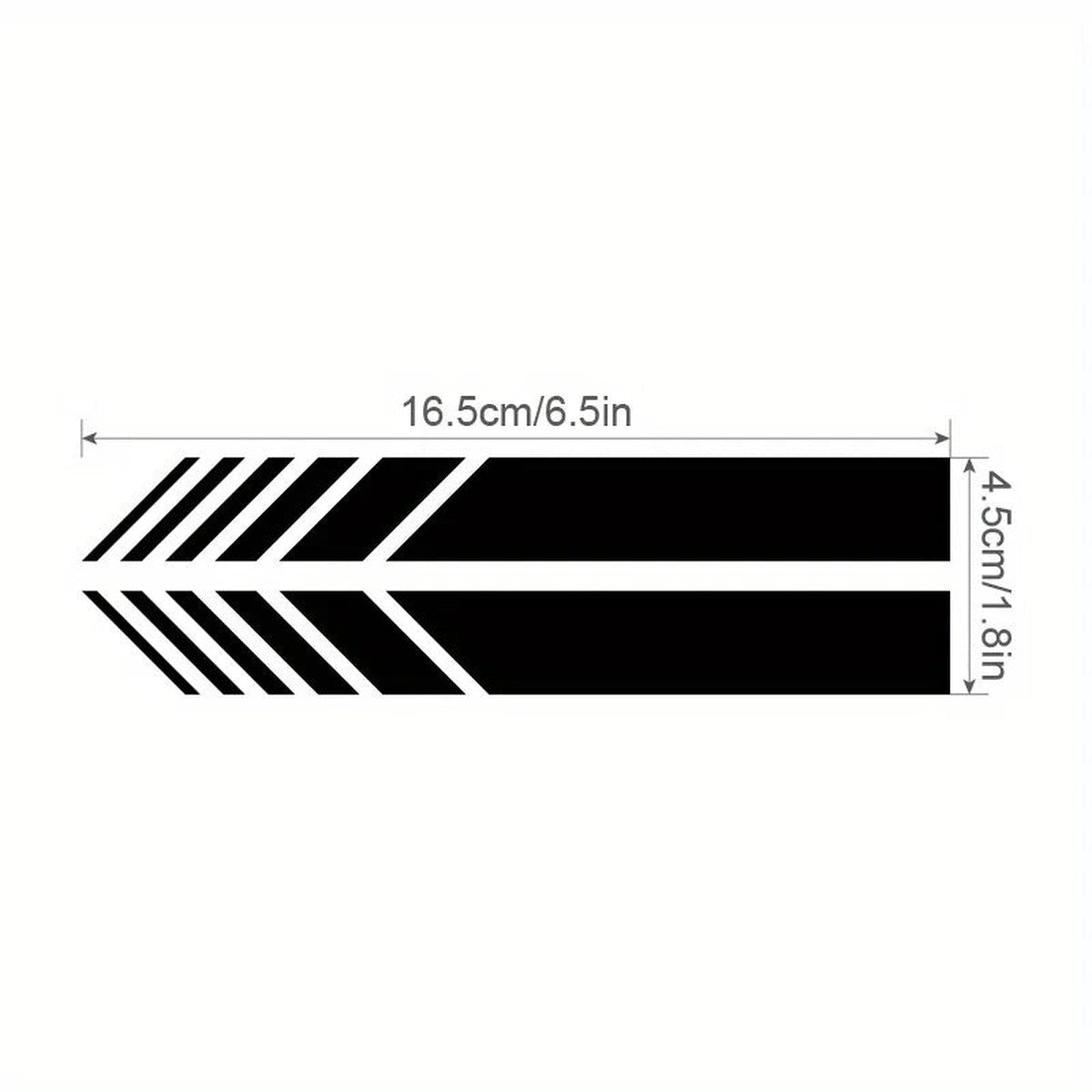Reflective stripe decal dimensions: 16.5 cm (6.5 in) by 4.5 cm (1.8 in)