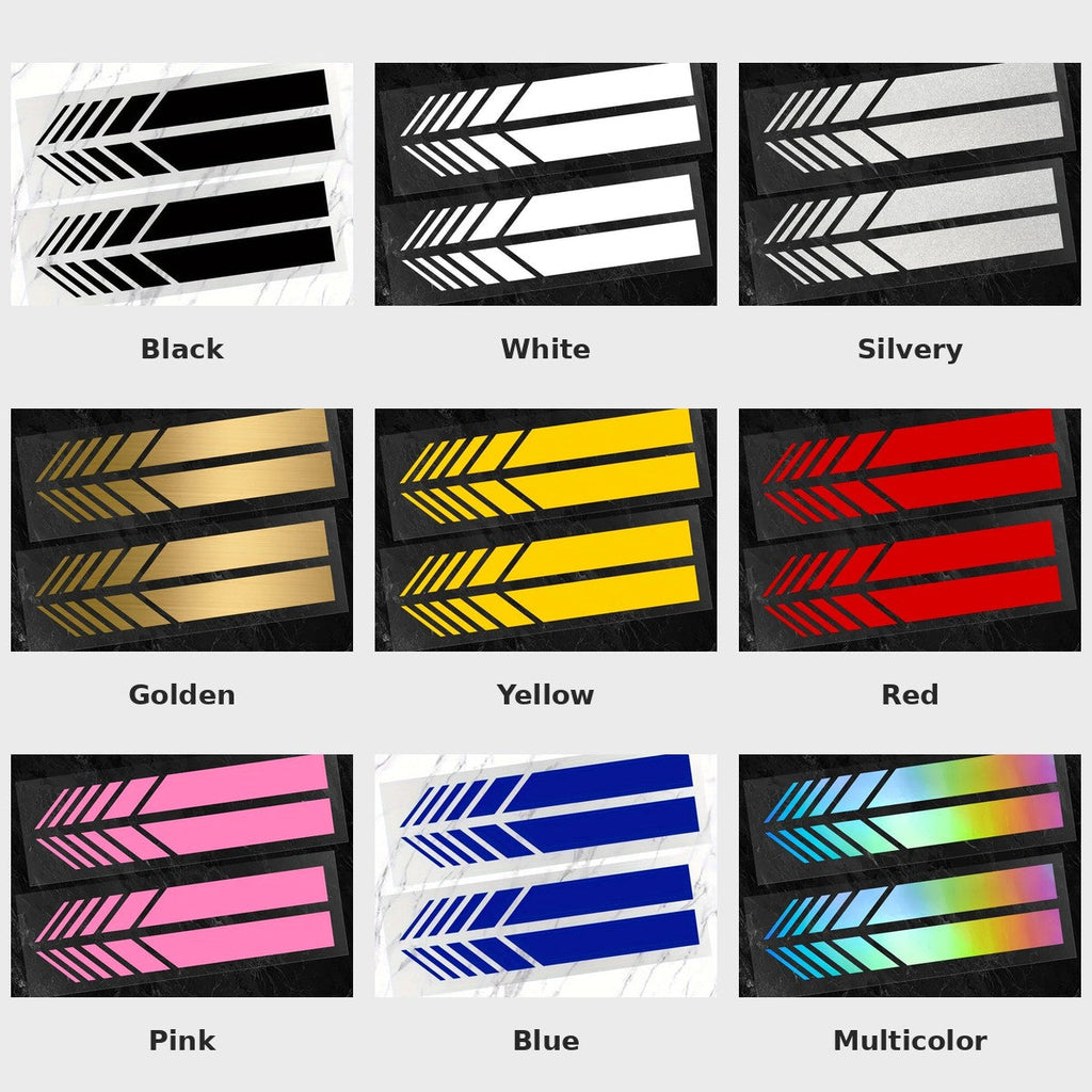 Reflective stripe kit color chart: black, white, silver, gold, yellow, red, pink, blue and multicolor